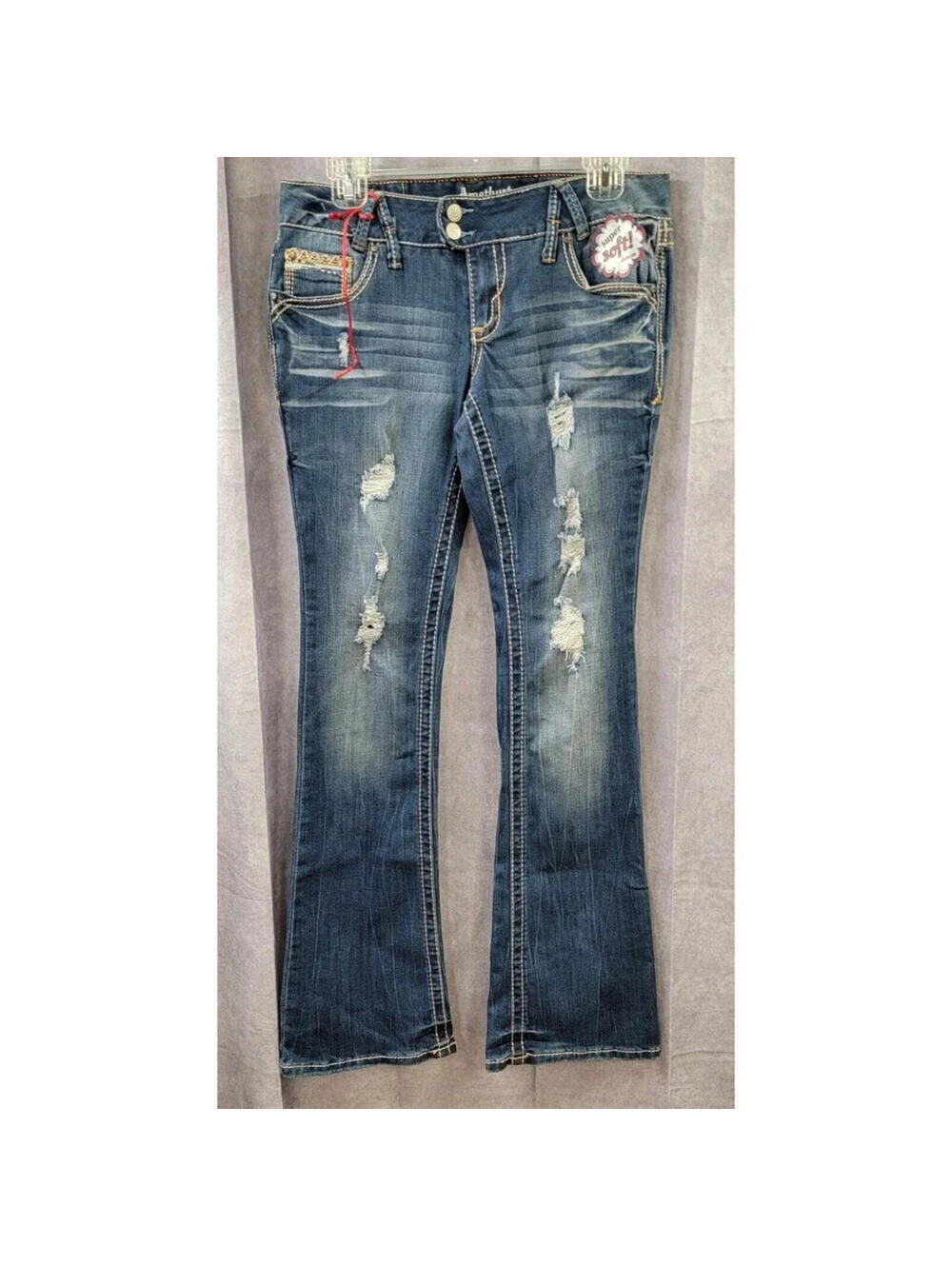 Amethyst Jeans Size 7 Bootcut Distressed Embroidered Rhinestone Denim Arlene
